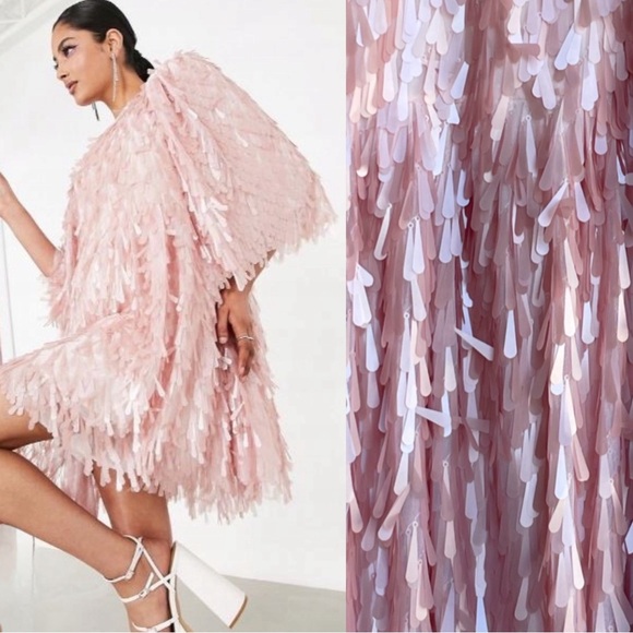 ASOS EDITION NWT Pastel Pink Teardrop Sequin Paillette Fringe Mini Party Dress - Picture 1 of 10